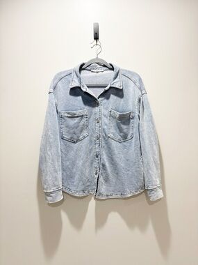Jane and Delancey Light Blue Denim Button-Down Shirt Terry Cotton Soft Lived In